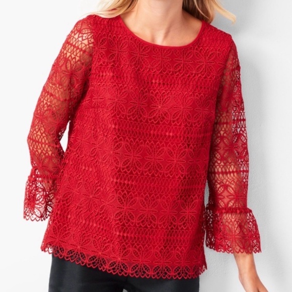 Talbots Tops - Talbots Embroidered Red Lace Blouse Bell Sleeves Size 2X Party Formal Romantic